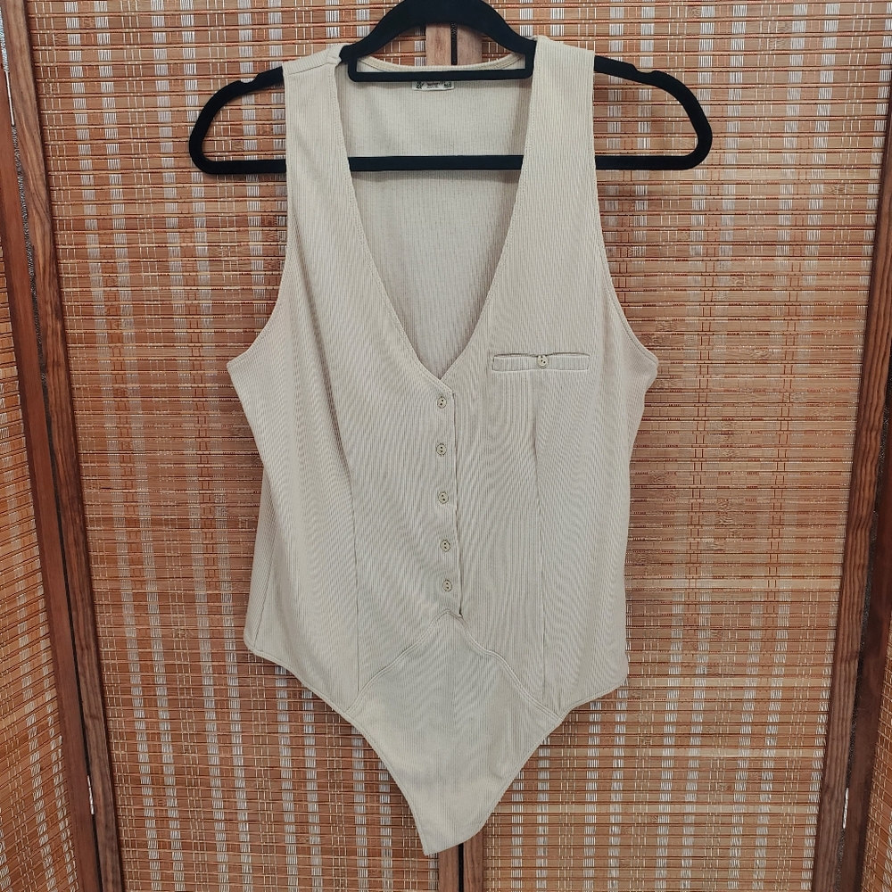 ☆ Intimately Free People Tan Sleeveless Buttoned Front Ribbed Body Suit Size XL